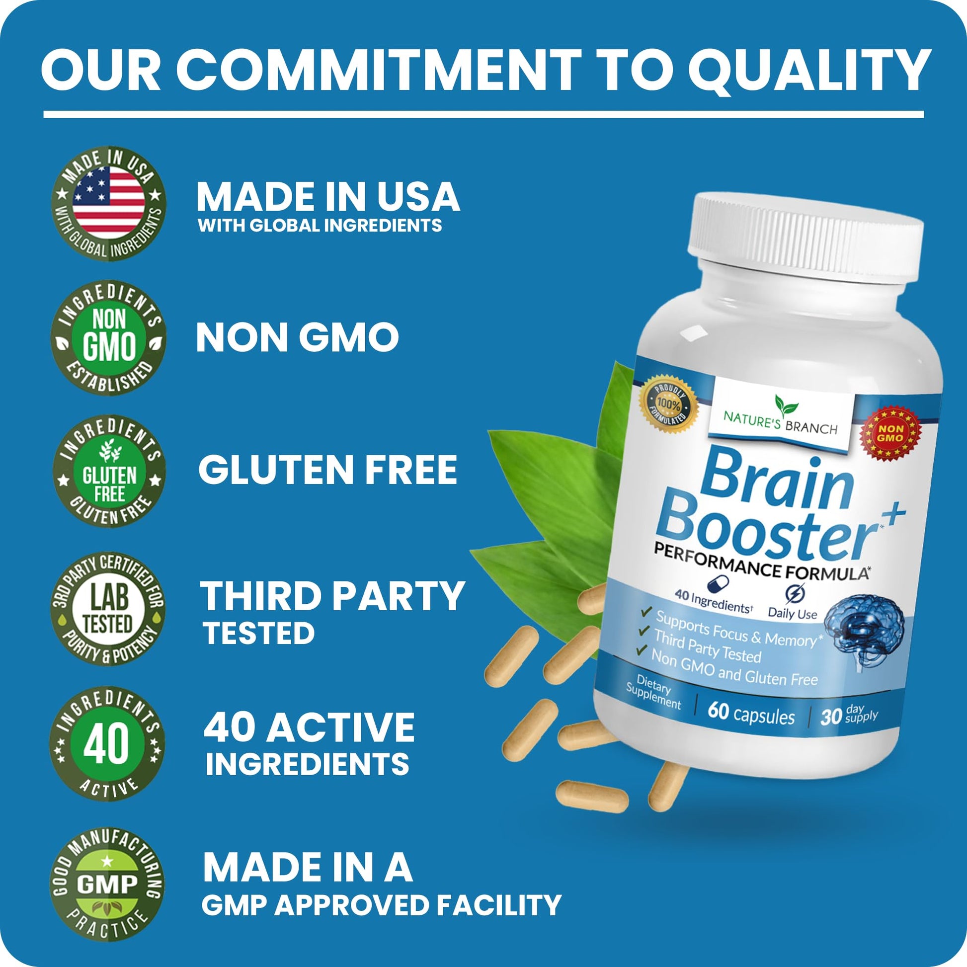 40-in-1 Brain Booster Supplement for Focus, Memory, Clarity, Energy | Advanced Vitamins Plus eBook | for Men & Women, Cognitive Function Nootropic Support with DMAE, Mind Health Formula | 60 Capsules - Maple Wellness Supplements
