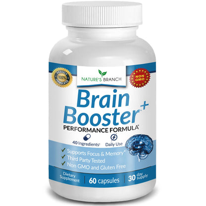 40-in-1 Brain Booster Supplement for Focus, Memory, Clarity, Energy | Advanced Vitamins Plus eBook | for Men & Women, Cognitive Function Nootropic Support with DMAE, Mind Health Formula | 60 Capsules - Maple Wellness Supplements