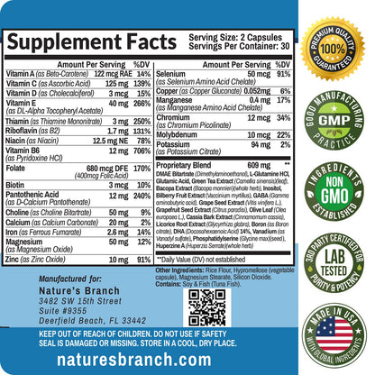 40-in-1 Brain Booster Supplement for Focus, Memory, Clarity, Energy | Advanced Vitamins Plus eBook | for Men & Women, Cognitive Function Nootropic Support with DMAE, Mind Health Formula | 60 Capsules - Maple Wellness Supplements