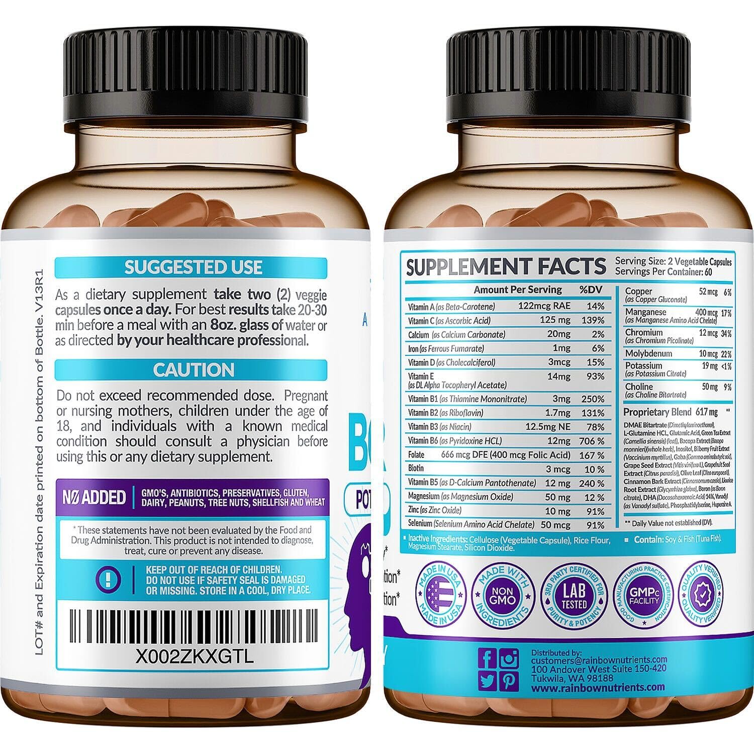 40-in-1 Brain Booster Supplements for Memory, Focus, Clarity, Energy, Performance | Natural Nootropic Brain Support Supplement with DMAE, Bacopa Monnieri & More | For Men & Women | 120 V Capsules - Maple Wellness Supplements