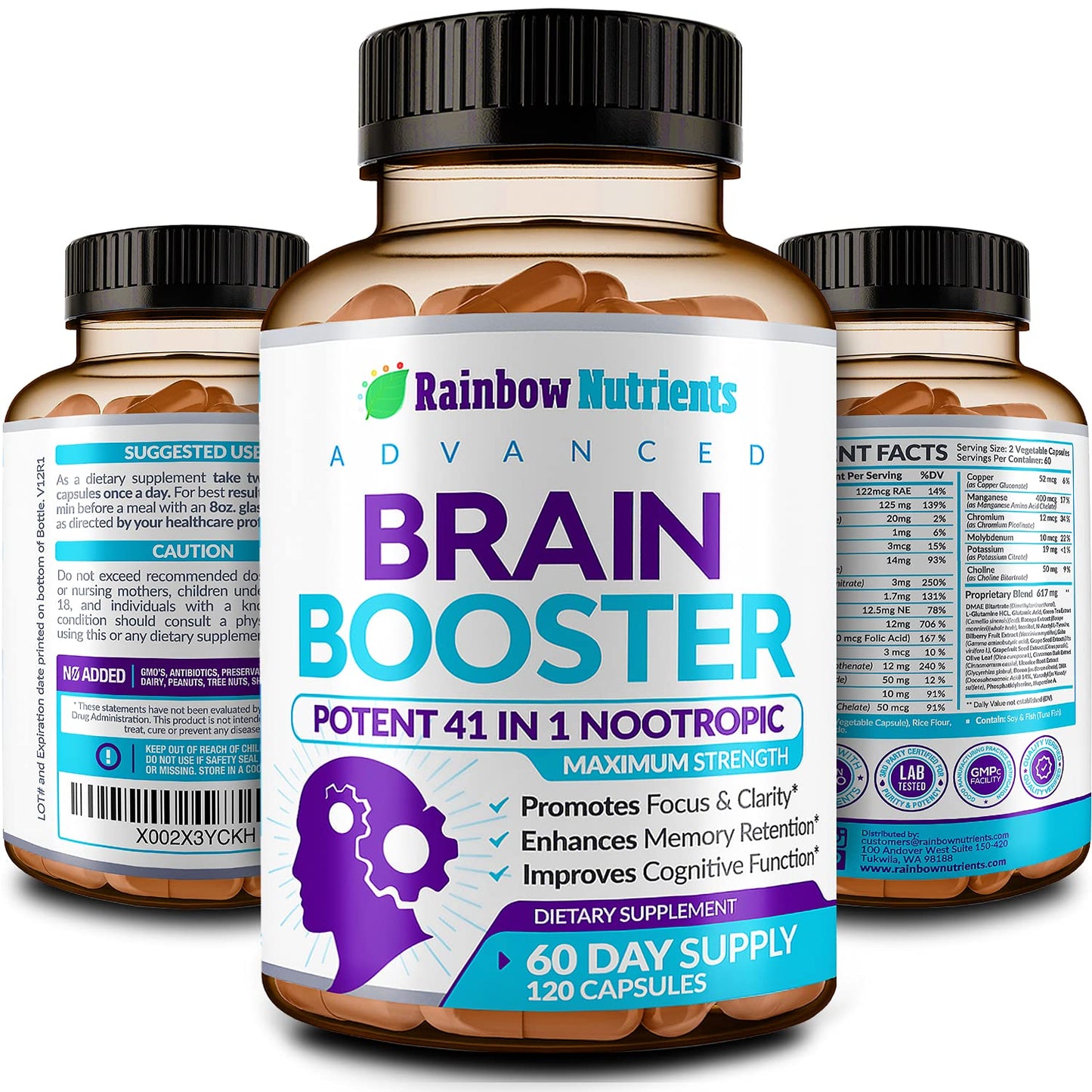 40-in-1 Brain Booster Supplements for Memory, Focus, Clarity, Energy, Performance | Natural Nootropic Brain Support Supplement with DMAE, Bacopa Monnieri & More | For Men & Women | 120 V Capsules - Maple Wellness Supplements
