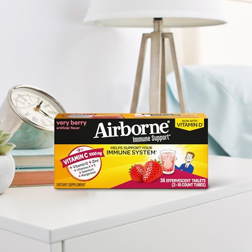 Vitamin C 1000mg (per serving) - Airborne Very Berry Effervescent Tablets (36 count in a box), Gluten-Free Immune Support Supplement, With Vitamins A C E, ZINC, Selenium, Echinacea & Ginger AirborneBuy Supplements Australia