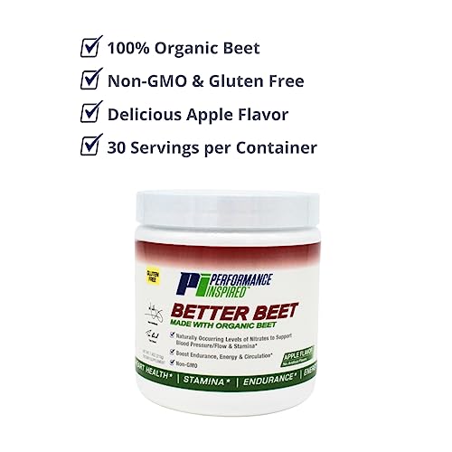PERFORMANCE INSPIRED Nutrition Better Beet Powder - 100% Organic Beet – Boost Nitric Oxide – All-Natural Clean Energy - Boost Endurance – G-Free - Non-GMO - Apple Flavor - 30 Servings