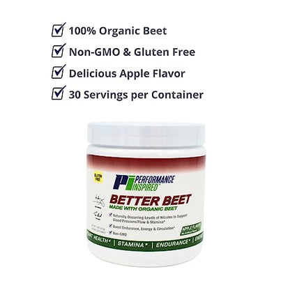 PERFORMANCE INSPIRED Nutrition Better Beet Powder - 100% Organic Beet – Boost Nitric Oxide – All-Natural Clean Energy - Boost Endurance – G-Free - Non-GMO - Apple Flavor - 30 Servings
