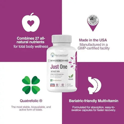 NatureGenX Just One Daily Methylated Multivitamin - 60 Caps Pure Methyl B12, Methylfolate MTHFR Support Supplement Iron Free Methylated Vitamins NatureGenXBuy Supplements Australia