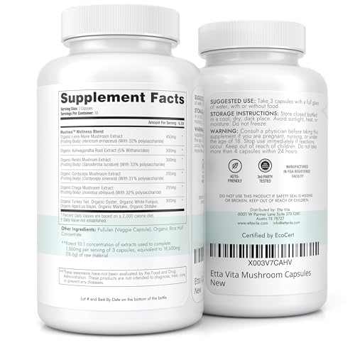 USDA Organic Lions Mane Supplement Capsules with Ashwagandha, Chaga, Reishi, Cordyceps Etta VitaBuy Supplements Australia