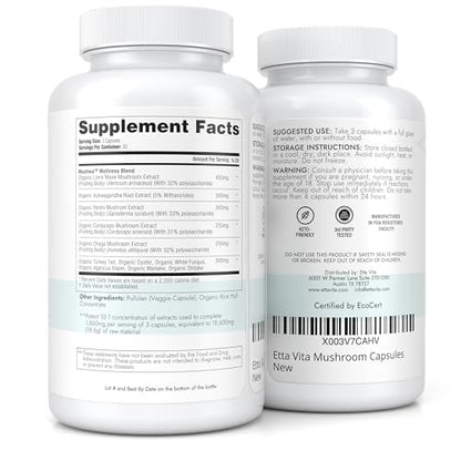 USDA Organic Lions Mane Supplement Capsules with Ashwagandha, Chaga, Reishi, Cordyceps Etta VitaBuy Supplements Australia