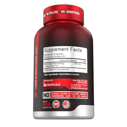 Herbtonics Korean Red Panax Ginseng 1500mg - Energy Supplement for Peak Performance, Focus & Vitality - High Potency Ginseng Root Extract - 120 Vegan Capsules HerbtonicsBuy Supplements Australia