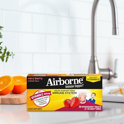 Vitamin C 1000mg (per serving) - Airborne Very Berry Effervescent Tablets (36 count in a box), Gluten-Free Immune Support Supplement, With Vitamins A C E, ZINC, Selenium, Echinacea & Ginger AirborneBuy Supplements Australia