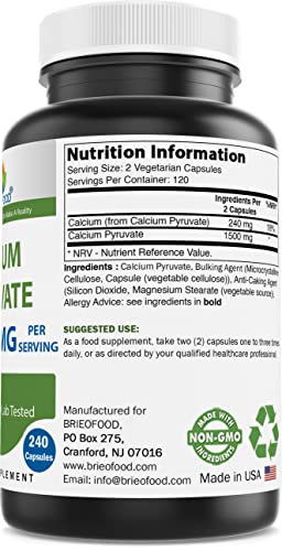Brieofood Calcium Pyruvate 1500mg per Serving - 240 Vegetarian Capsules BrieofoodBuy Supplements Australia