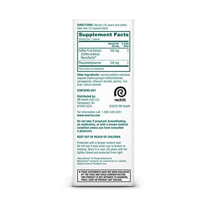 NEURIVA Original Decaffeinated Clinically Tested Nootropic Brain Supplement for Memory, Focus & Concentration, NeuroFactor & Phosphatidylserine, 28ct Capsules NEURIVABuy Supplements Australia