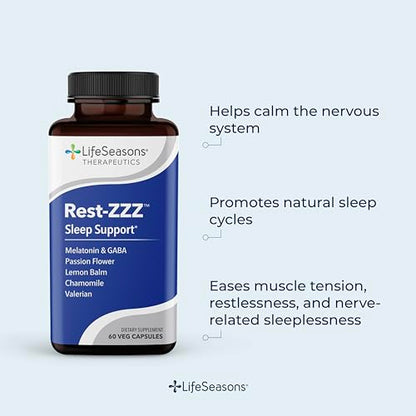 Rest-ZZZ - Powerful Sleep Support Supplement - Fall Asleep & Stay Asleep - Calms Nervous System - Naturally Ease Muscle Tension & Restlessness - Low Dose Melatonin GABA & Chamomile - 60 Capsules