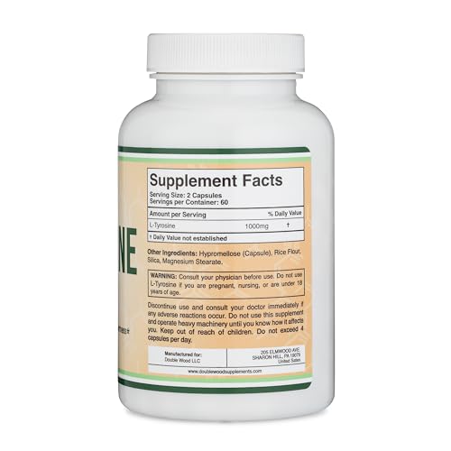 L-Tyrosine 1,000mg per Serving, 120 Veggie Capsules (L Tyrosine Supplement for Memory Double Wood SupplementsBuy Supplements Australia
