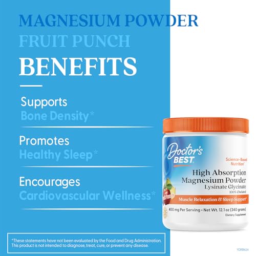 Doctors Best High Absorption Magnesium Powder Lysinate Glycinate 100% Chelated, Muscle Relaxation & Sleep Support, Gluten Free, Vegan, 100% Chelated Net Wt. 12.1 oz (340 Grams), Fruit Punch Flavor Doctor's BESTBuy Supplements Australia