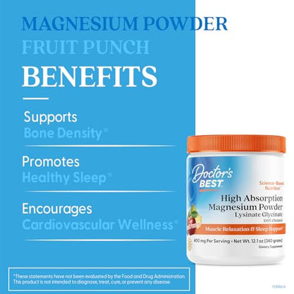 Doctors Best High Absorption Magnesium Powder Lysinate Glycinate 100% Chelated, Muscle Relaxation & Sleep Support, Gluten Free, Vegan, 100% Chelated Net Wt. 12.1 oz (340 Grams), Fruit Punch Flavor Doctor's BESTBuy Supplements Australia