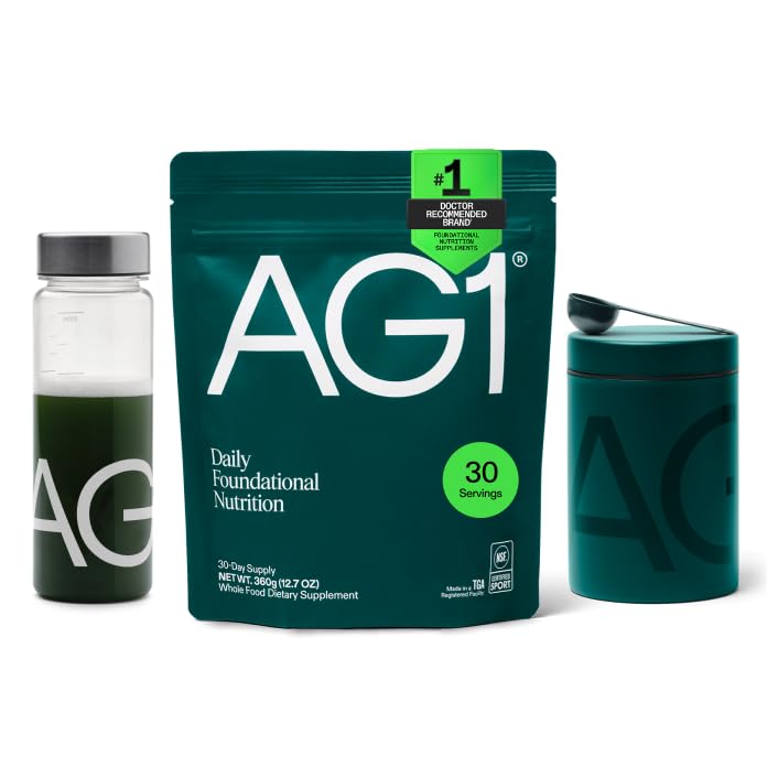 AG1 Greens Powder Supplement Bundle w/Stainless Steel Storage Canister – Multivitamin, Probiotic & Superfood Blend | Gut Health & Daily Wellness Support | Includes Shaker & Scoop | Vegan, Gluten-Free AG1Buy Supplements Australia