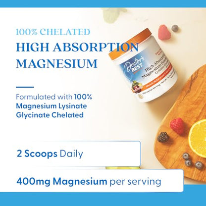 Doctors Best High Absorption Magnesium Powder Lysinate Glycinate 100% Chelated, Muscle Relaxation & Sleep Support, Gluten Free, Vegan, 100% Chelated Net Wt. 12.1 oz (340 Grams), Fruit Punch Flavor Doctor's BESTBuy Supplements Australia