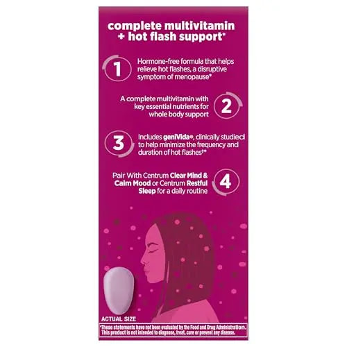 Centrum Complete Multivitamin Supplement + Hot Flash Support Menopause Support Tablets, with Clinically Studied geniVida, 30 Count Centrum