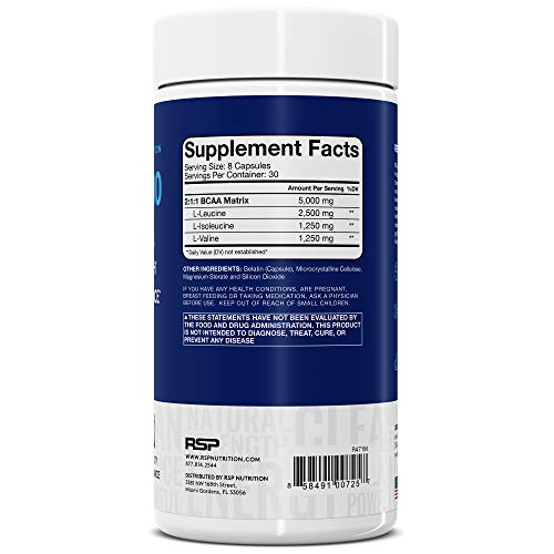 RSP BCAA 5000 (30 Serv), Premium BCAA Capsules for Post Workout Muscle Recovery, Endurance & Energy, 5g of Essential Branched Chain Amino Acids Per Serving (Packaging May Vary)