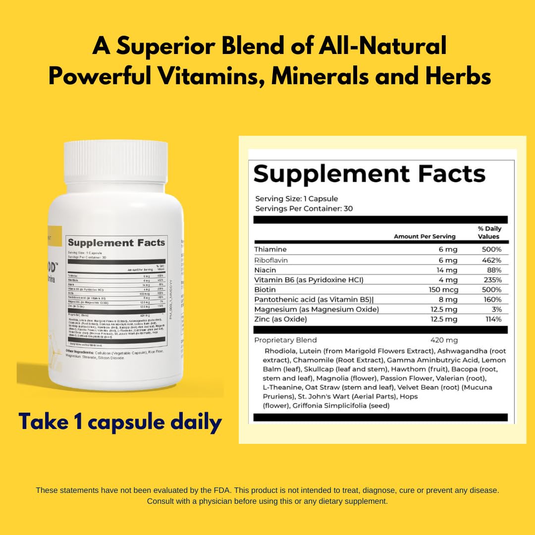 4BETTERMOOD Positivity & Stamina Capsule (30ct) Premium Mood Supplement - Enhance Mood & Promote Emotional Balance - Rhodiola, L-Theanine. Bocopa monnnieri, Velvet Bean, Skull Cap & Ashwaganda. - Maple Wellness Supplements