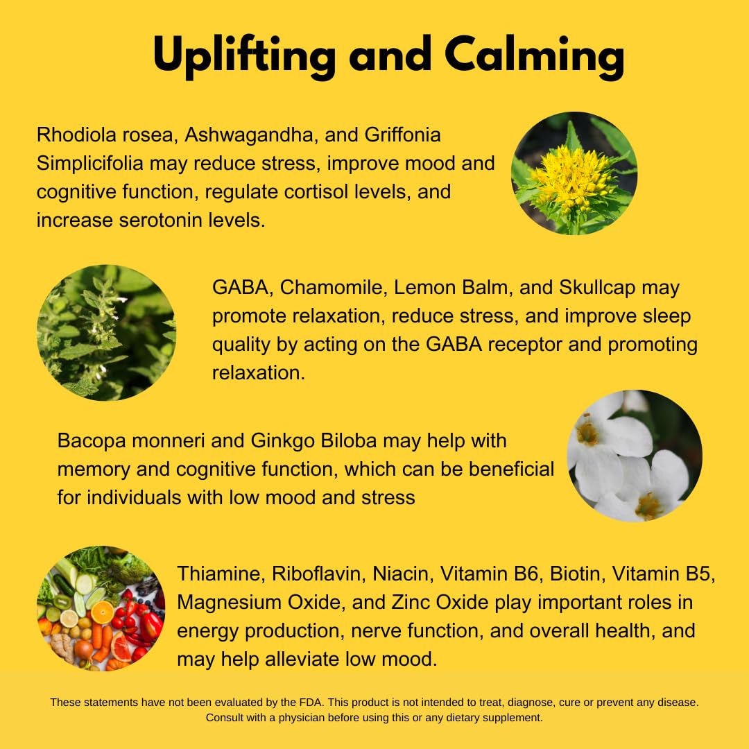 4BETTERMOOD Positivity & Stamina Capsule (30ct) Premium Mood Supplement - Enhance Mood & Promote Emotional Balance - Rhodiola, L-Theanine. Bocopa monnnieri, Velvet Bean, Skull Cap & Ashwaganda. - Maple Wellness Supplements