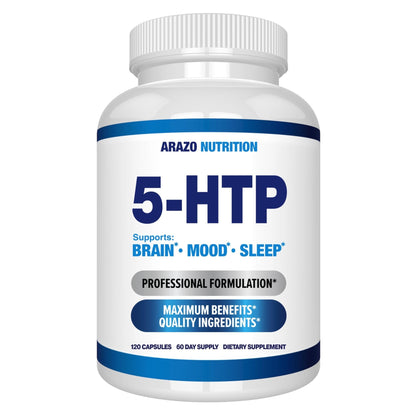 5-HTP 200 MG Per Serving Plus Calcium for Mood, Sleep – Supports Calm and Relaxed Mood – 99% High Purity – 120 Capsules – Arazo Nutrition - Maple Wellness Supplements
