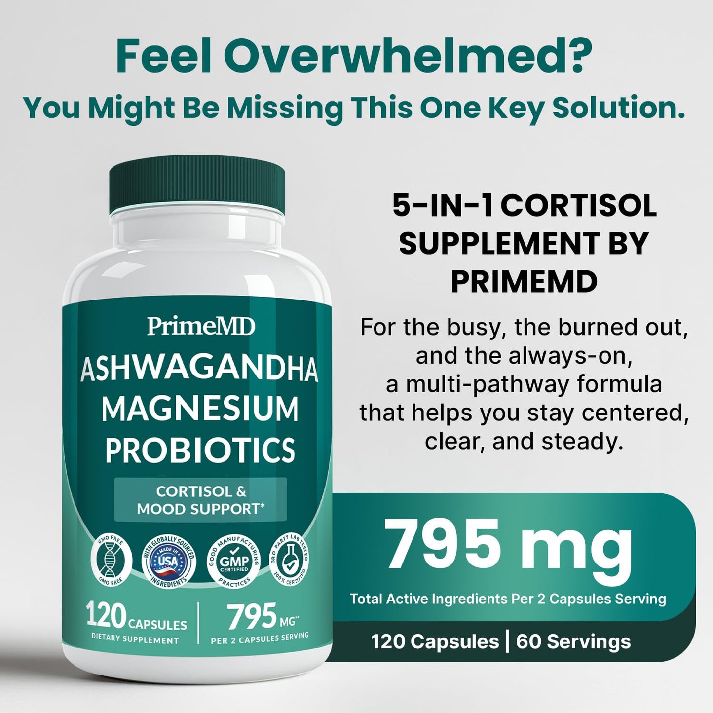 5-in-1 Cortisol Supplement for Women and Men with Ashwagandha for Calmness, Focus, and Adrenal Support Supplements with Shilajit Extract, Magnesium Glycinate, Probiotics (120 ct) (Pack of 1) - Maple Wellness Supplements