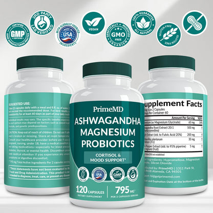 5-in-1 Cortisol Supplement for Women and Men with Ashwagandha for Calmness, Focus, and Adrenal Support Supplements with Shilajit Extract, Magnesium Glycinate, Probiotics (120 ct) (Pack of 1) - Maple Wellness Supplements
