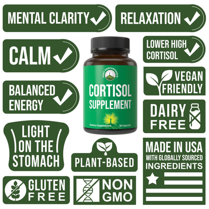 5-in-1 Cortisol Supplement for Women & Men. Lower High Cortisol with Ashwagandha, Rhodiola Rosea, L-Theanine, Phosphatidylserine, Magnolia Bark. Calm Relaxation, Balanced Energy, Vegan Supplements - Maple Wellness Supplements