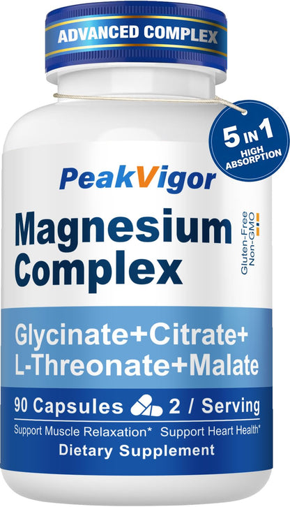 5 in 1 Magnesium Complex, 976mg Complex with Magnesium Glycinate, Citrate, Malate & L-Threonate, Vitamin B6 for High Absorption, Third Party Tested, Gluten-Free, Easy-Swallow Vegan Capsule - Maple Wellness Supplements