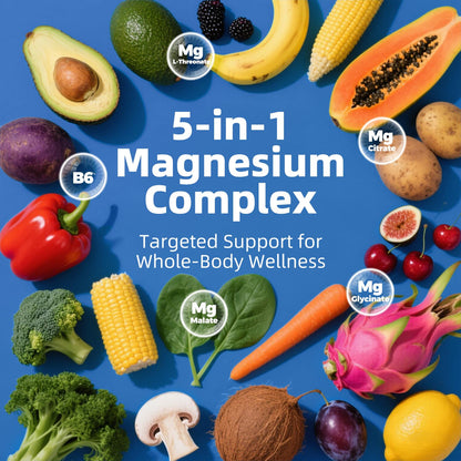 5 in 1 Magnesium Complex, 976mg Complex with Magnesium Glycinate, Citrate, Malate & L-Threonate, Vitamin B6 for High Absorption, Third Party Tested, Gluten-Free, Easy-Swallow Vegan Capsule - Maple Wellness Supplements