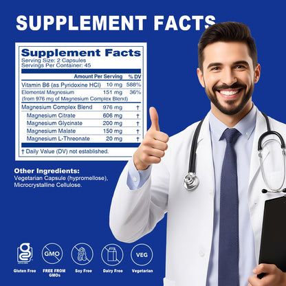 5 in 1 Magnesium Complex Capsule 976mg wtih Magnesium Glycinate, Citrate, Malate, L-Threonate & Vitamin B6, High Absorption Magnesium Complex for Women & Men, Third-Party Tested, Vegan, Non-GMO - Maple Wellness Supplements