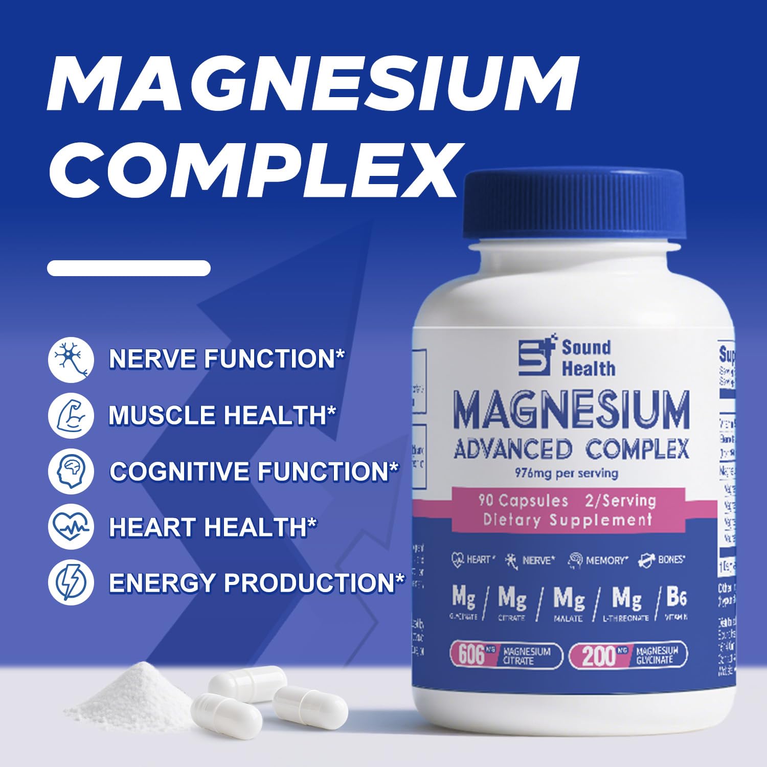5 in 1 Magnesium Complex Capsule 976mg wtih Magnesium Glycinate, Citrate, Malate, L-Threonate & Vitamin B6, High Absorption Magnesium Complex for Women & Men, Third-Party Tested, Vegan, Non-GMO - Maple Wellness Supplements