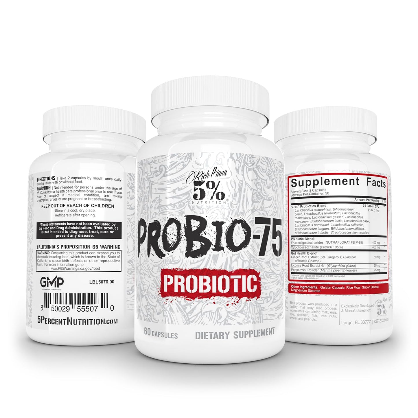 5% Nutrition Rich Piana Probio-75 Billion CFUs | Vegan, 14 Unique Strains - Maple Wellness Supplements