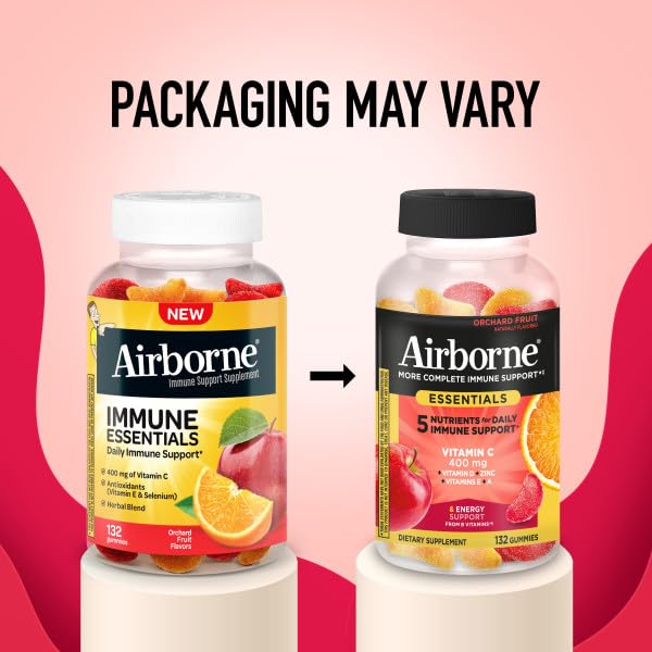 Airborne 400mg Vitamin C Gummies for Adults & Children, Immune Essentials Daily Immune Support Supplement with Vitamins C & E - Orchard Fruit Flavor, 132 Gummies (Pack of 2) AirborneBuy Supplements Australia