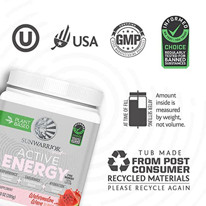 Sunwarrior Plant-Based Preworkout Powder Hydration Blend | Coconut Water Mushroom Blend Soy Free Sugar Free Gluten Free Dairy Free Synthetic Free | Watermelon Wave 30 Servings | Sport Active Energy