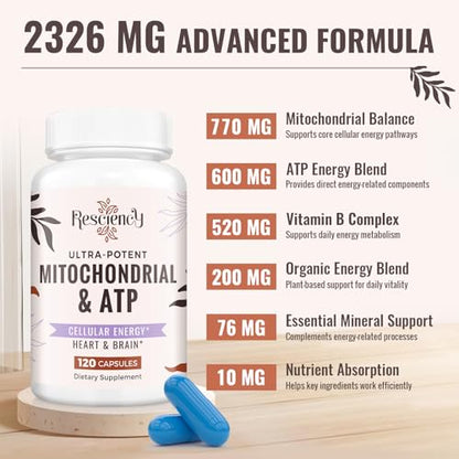 Resciency 2326 MG Mitochondrial Supplements with ATP, Vitamins, CoQ10 & PQQ, More Effective Than Creatine HMB & Nitric Oxide, Energy, Endurance, Strength, Recovery & Muscle, Organic, 120 Capsules ResciencyBuy Supplements Australia