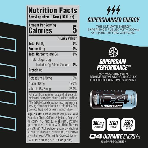 C4 Ultimate Sugar Free Energy Drink 16oz (Pack of 12) | Arctic Snow Cone | Pre Workout CellucorBuy Supplements Australia