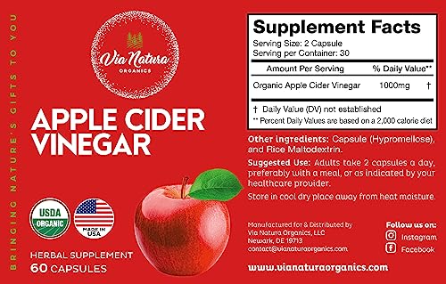 Via Natura Organics Apple Cider Vinegar Capsules 1000mg | Organic Herbal Supplement Via Natura OrganicsBuy Supplements Australia