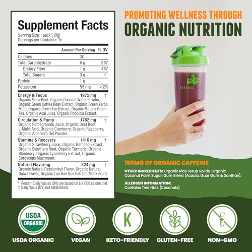 Organic Muscle Superfood Pre Workout Powder for Men & Women, Passionfruit Guava (15 Packets) - USDA Organic Supplement - Vegan, Natural, Plant-Based & Low Caffeine Energy Powder