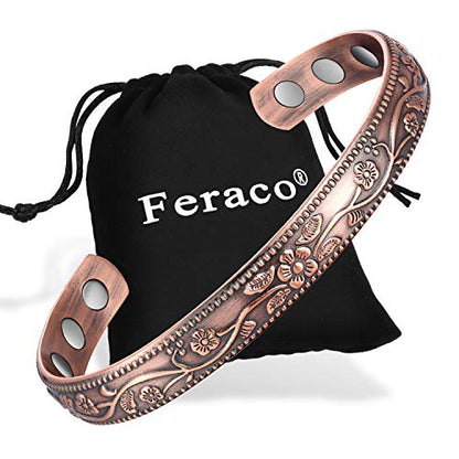Feraco Magentic Copper Bracelet for Women,Vintage Flower Copper Cuff Bracelet