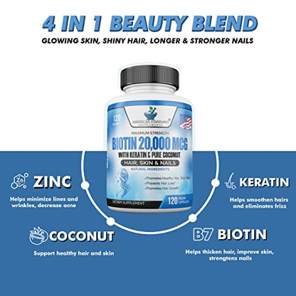Biotin 20,000mcg with Keratin, Organic Coconut and Zinc, Hair Growth Supplements, Biotin American Standard SupplementsBuy Supplements Australia
