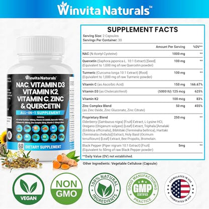 NAC Supplement N-Acetyl Cysteine 1000mg Vitamin C Vitamin D3 K2, Zinc, Turmeric Curcumin Winvita NaturalsBuy Supplements Australia