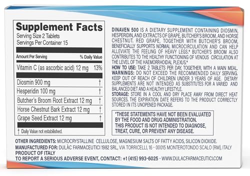 Dulac Dinaven 500, Micronized Diosmin Hesperidin Dietary Supplement 1000mg per serving, Horse Chestnut Extract, Butcher’s Broom & Red Grape Extract, Leg Circulation Support, 30 Tablets, Made in Italy DULÀC FARMACEUTICI 1982Buy Supplements Australia
