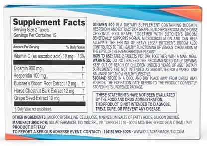 Dulac Dinaven 500, Micronized Diosmin Hesperidin Dietary Supplement 1000mg per serving, Horse Chestnut Extract, Butcher’s Broom & Red Grape Extract, Leg Circulation Support, 30 Tablets, Made in Italy DULÀC FARMACEUTICI 1982Buy Supplements Australia