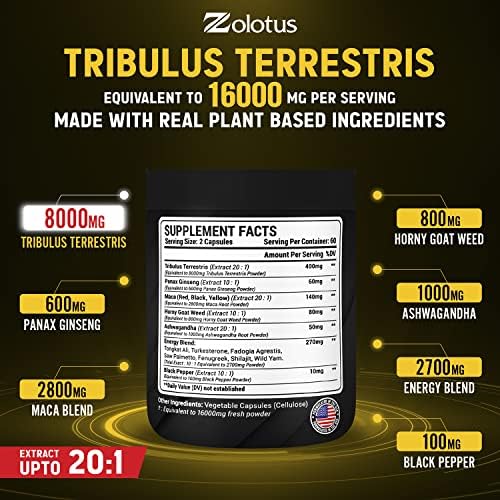 13in1 Tribulus Terrestris Capsules - 16000mg Per Serving with Maca, Horny Goat Weed ZolotusBuy Supplements Australia