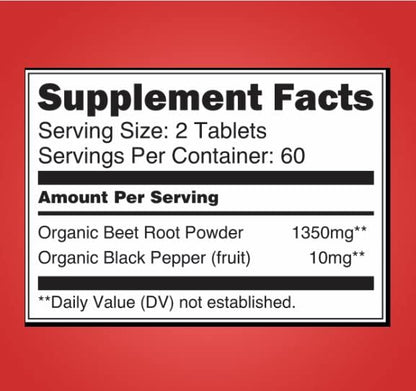Organic Beet Root Powder 1350mg with Black Pepper-Nitric Oxide Booster, Digestive System, Athletic Performance-120 Tablets,675mg of Organic Beet Powder per Tablet
