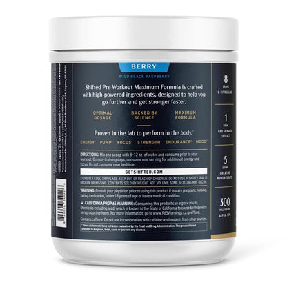 SHIFTED Maximum Pre Workout Powder, Energy & Focus Supplement with Creatine Monohydrate, Beta Alanine, Caffeine, Electrolytes, Pre-Workout Drink Mix, Muscle Pump/Growth Support, Berry, 20 Servings