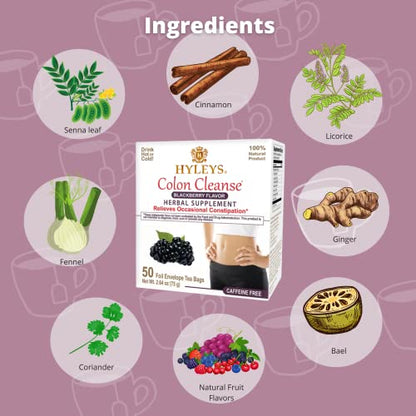 Hyleys Colon Cleanse Tea Blackberry Flavor - 50 Tea Bags (1 Pack) HYLEYSBuy Supplements Australia