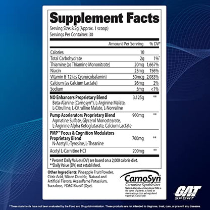 GAT SPORT PMP (Peak Muscle Performance), Pre-Workout, 30 Servings (Blue Raspberry GAT SPORTBuy Supplements Australia